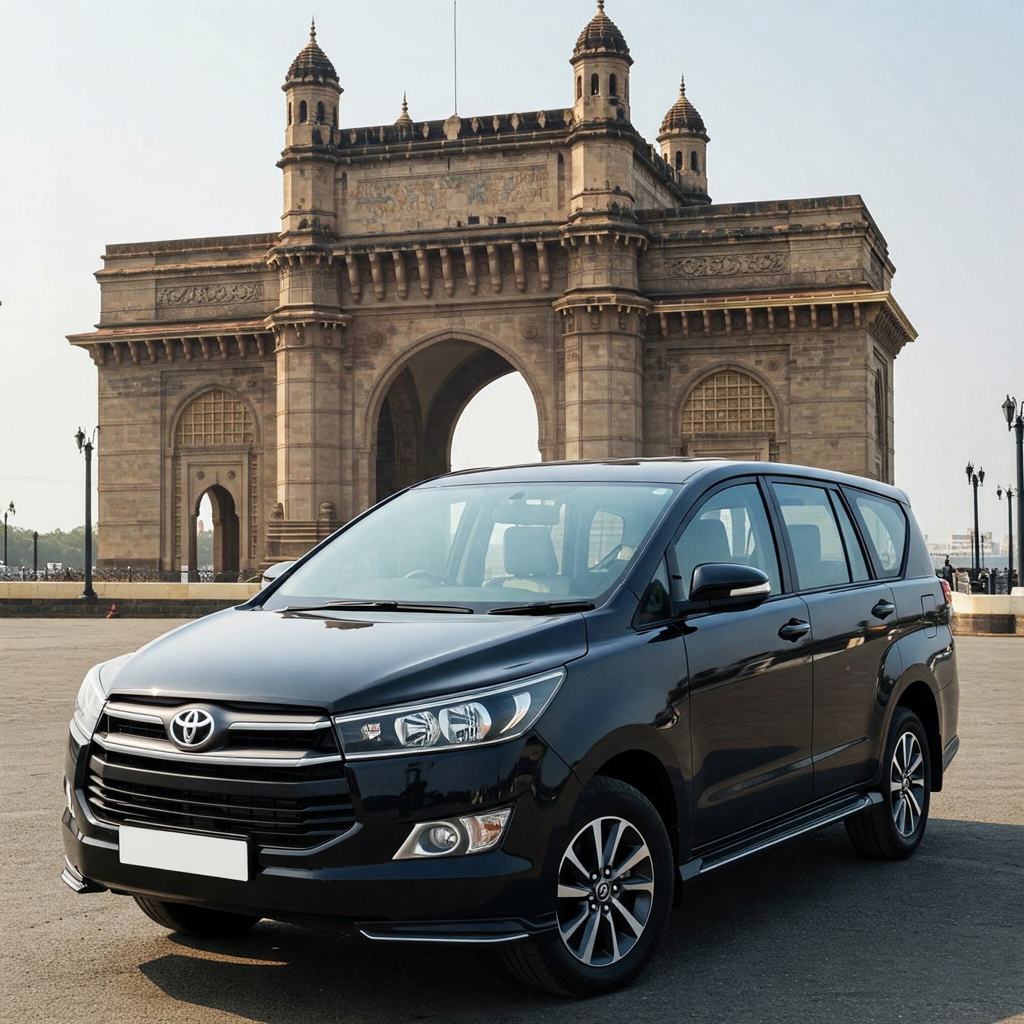 An Innova Crysta in front of the famous Gateway of India in Mumbai during during a hire for travel
