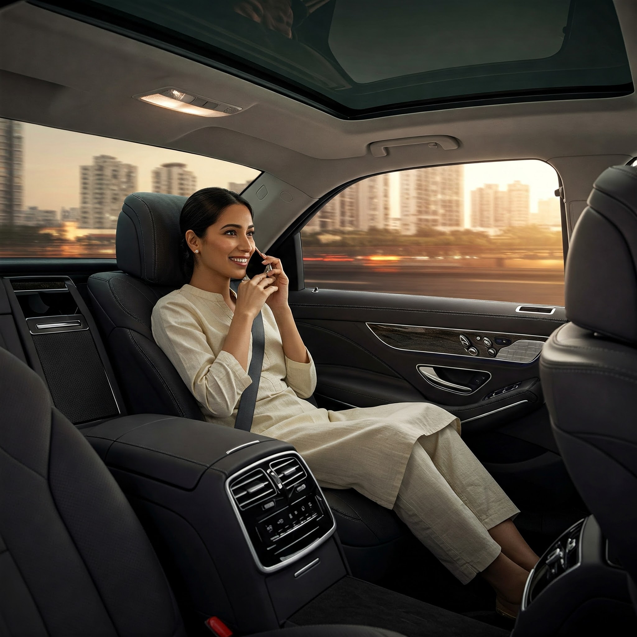 A lady passenger seated comfortably during a Komyut hourly car rental service.