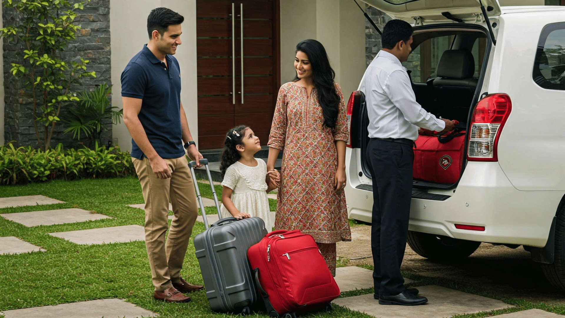 An Indian family and Komyut Chauffeur during Komyut's premium outstation car rental