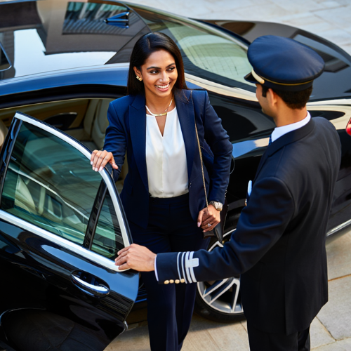 A indian businesswoman being greeted during komyut's hourly car rental with driver service.