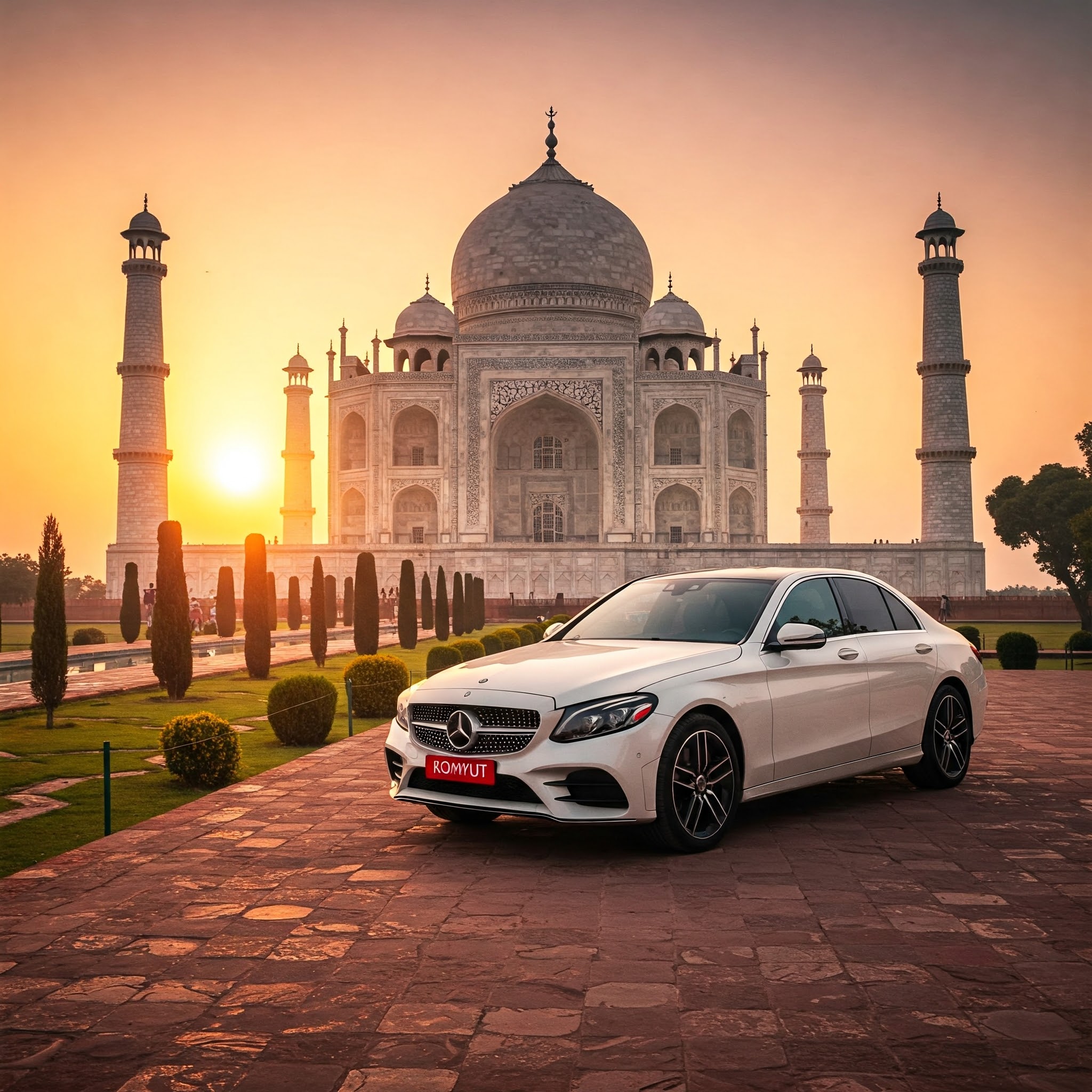 A Komyut Mercedes Benz luxury car parked in front of the famous Taj Mahal in India.